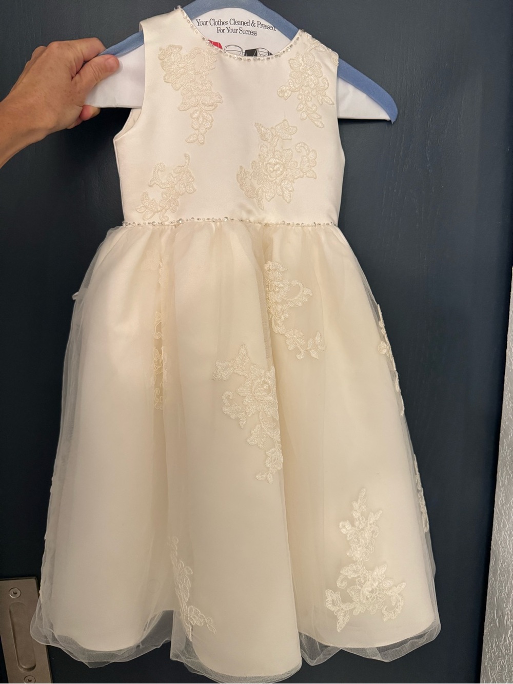 Joan Calabrese Cream Floral Appliqué Tulle Flower Girl Dress